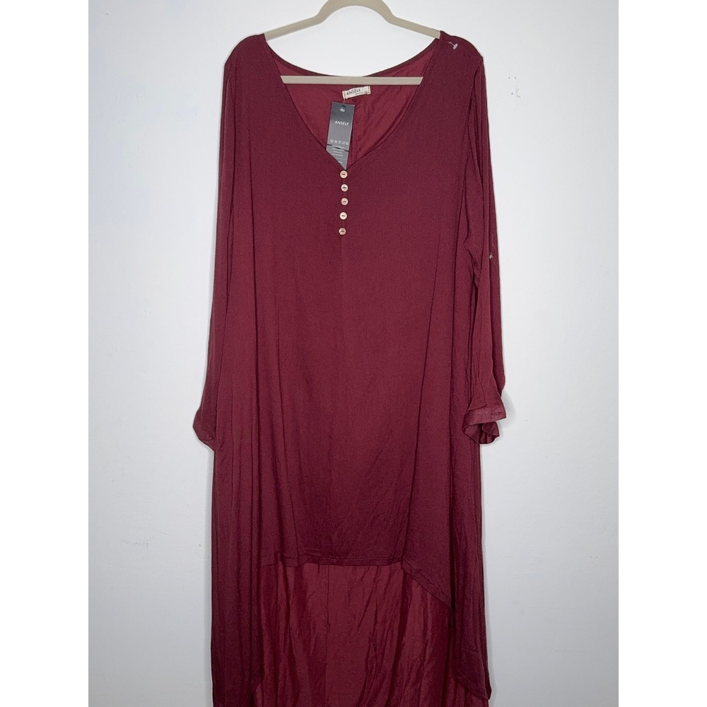 Anself Burgundy Lagenlook Maxi Dress 4XL New With Tags Plus Size Henley High Low